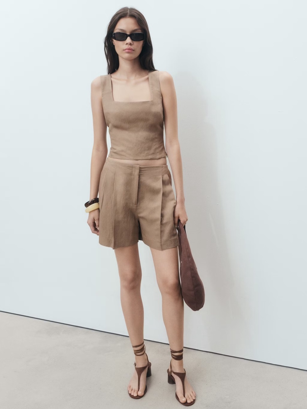Mango Brown linen blend Co-ord set cross-back top + Bermuda shorts